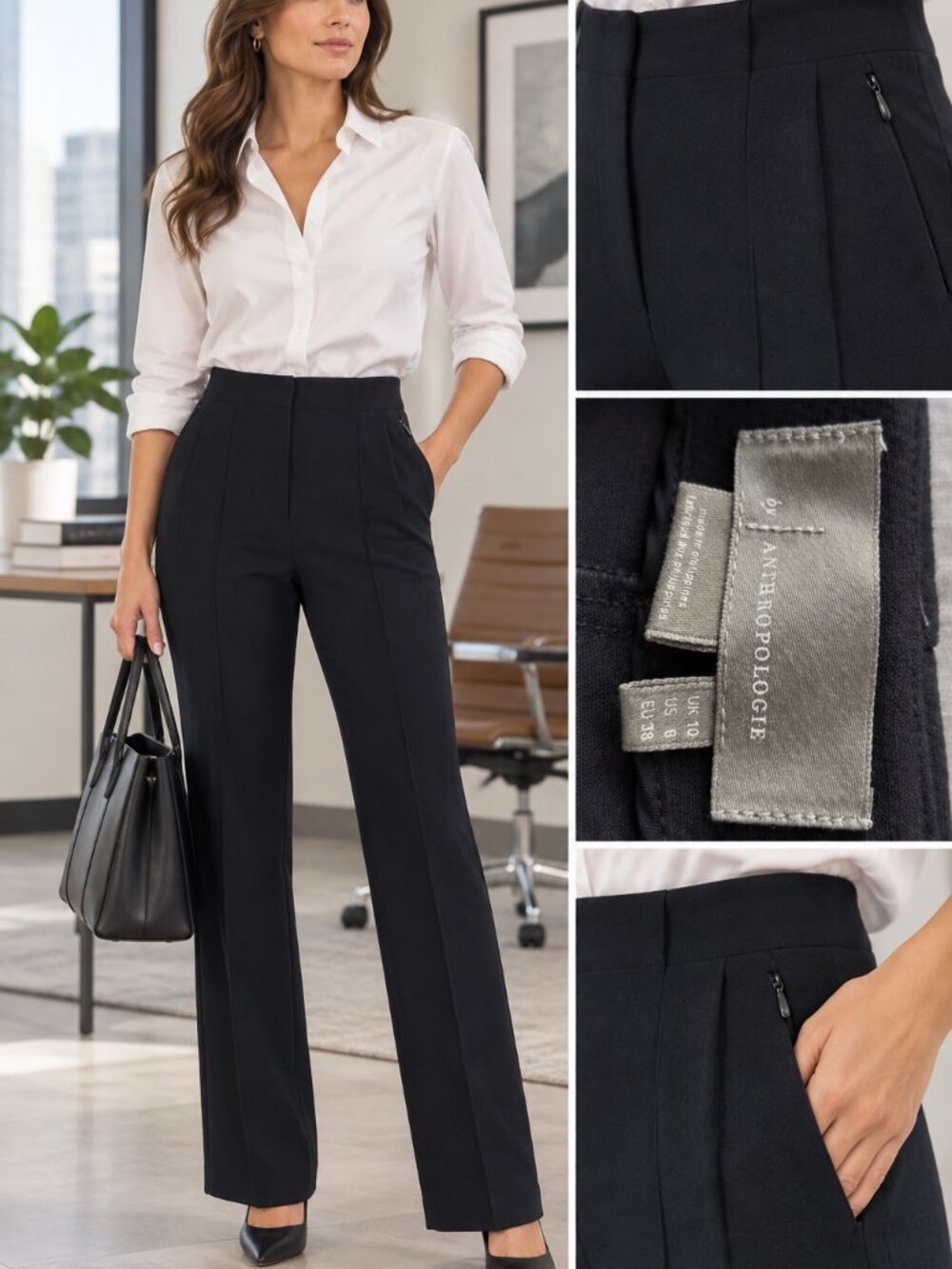 Anthropologie Black High Rise Wide Leg Trousers 8 Tailored Workwear Pockets